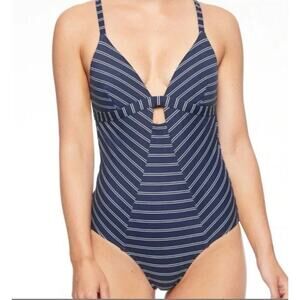 Athleta Navy Blue Striped Piha One Piece Swim Suit Sz M